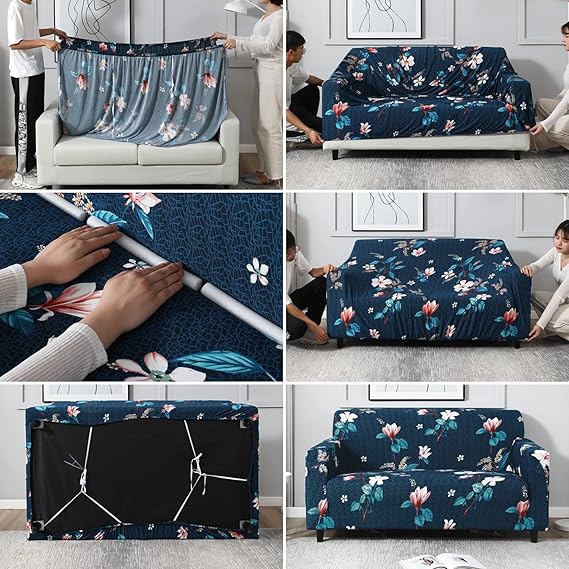 Quirky Hub Premium Wrinkle-Free Stretchable | Elastic Universal Stretchable Sofa Cover Blue Flower