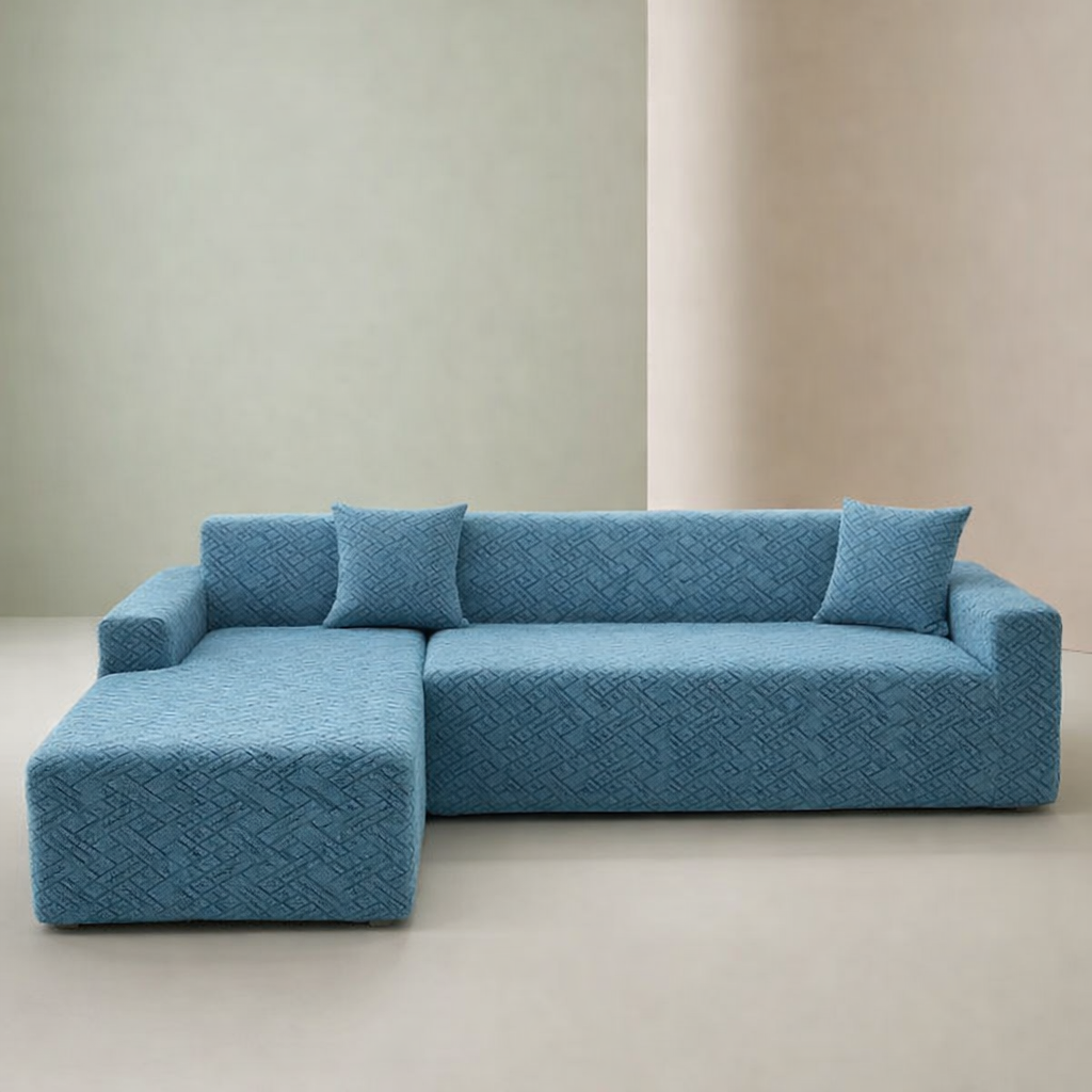 Sky Blue Castle L Shape Polar Fleece Sofa Cover – Soft, Stretchable & Washable Corner Sofa Protector