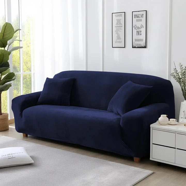 QuirkyHub Premium Velvet Sofa Cover – Wrinkle-Free, Stretchable, Crushed Elegance (Navy Blue)