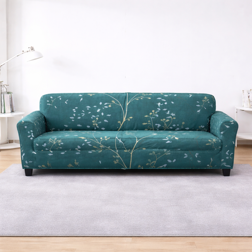 Quirky Hub Premium Wrinkle-Free Stretchable | Elastic Universal Stretchable Sofa Cover Green Flower