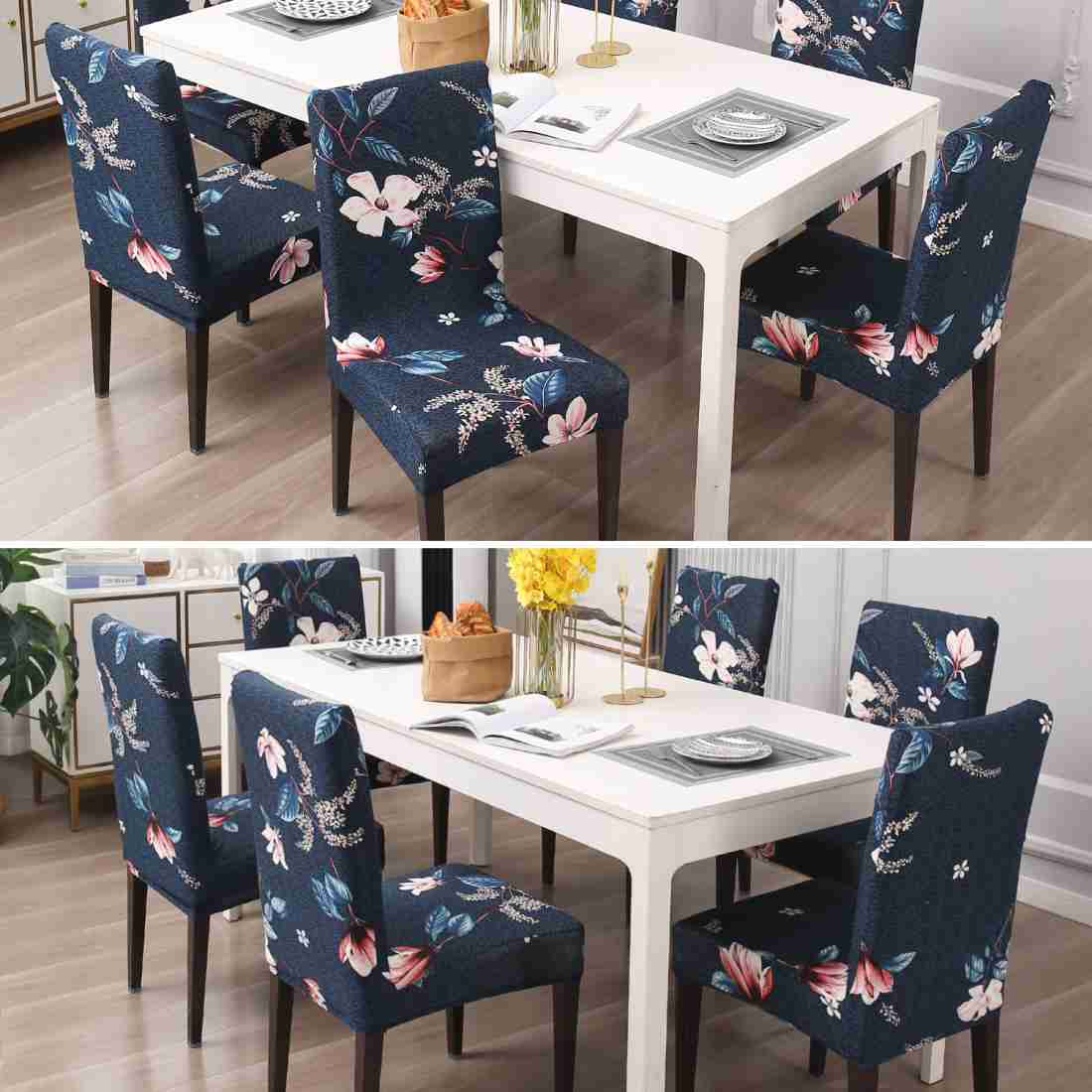 Quirky Hub Premium Wrinkle-Free | Elastic Stretchable | Washable|Dining Table & Chair Cover Dark Blue Botanical