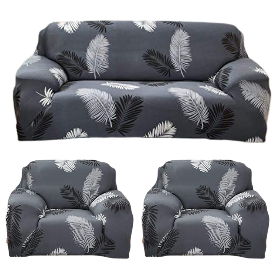 L Shape Grey Leaves Stretchable Sofa Cover