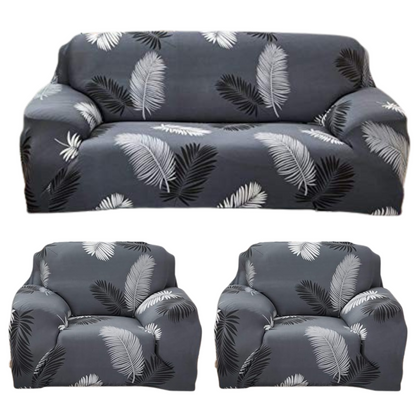 L Shape Grey Leaves Stretchable Sofa Cover