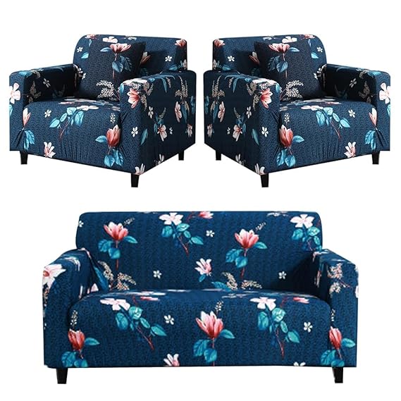 Quirky Hub Premium Wrinkle-Free Stretchable | Elastic Universal Stretchable Sofa Cover Blue Flower