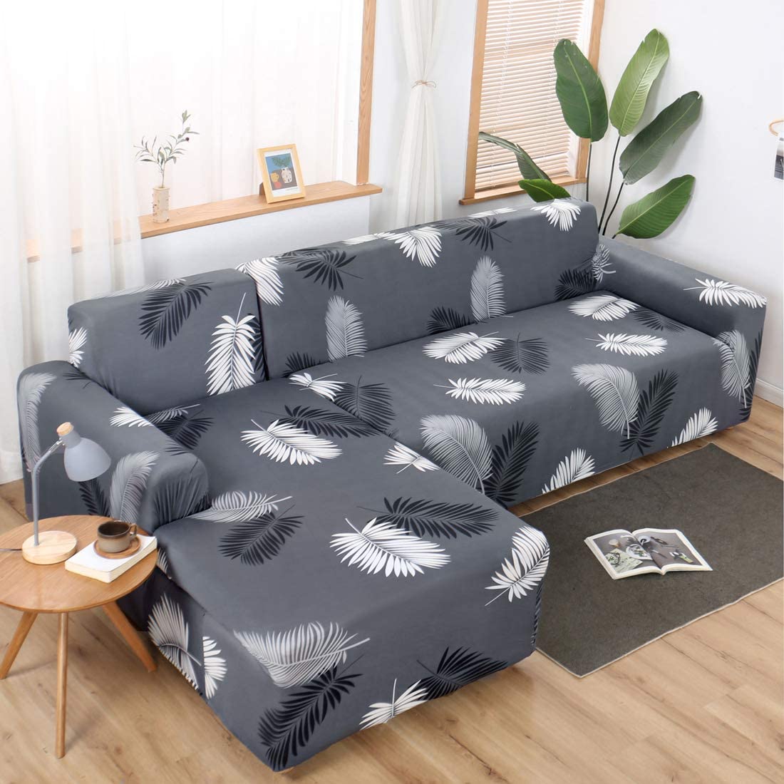 L Shape Grey Leaves Stretchable Sofa Cover