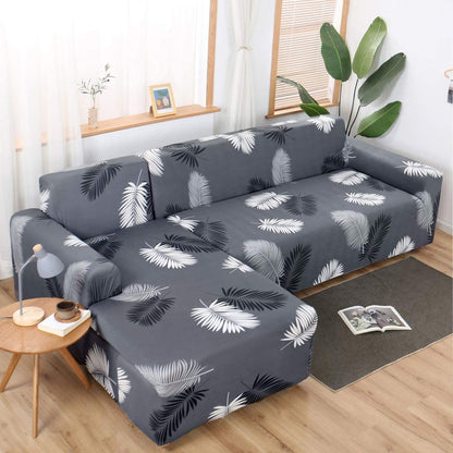 L Shape Grey Leaves Stretchable Sofa Cover