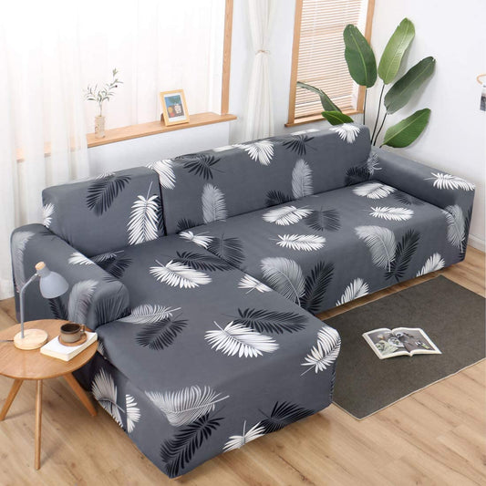 L Shape Grey Leaves Stretchable Sofa Cover
