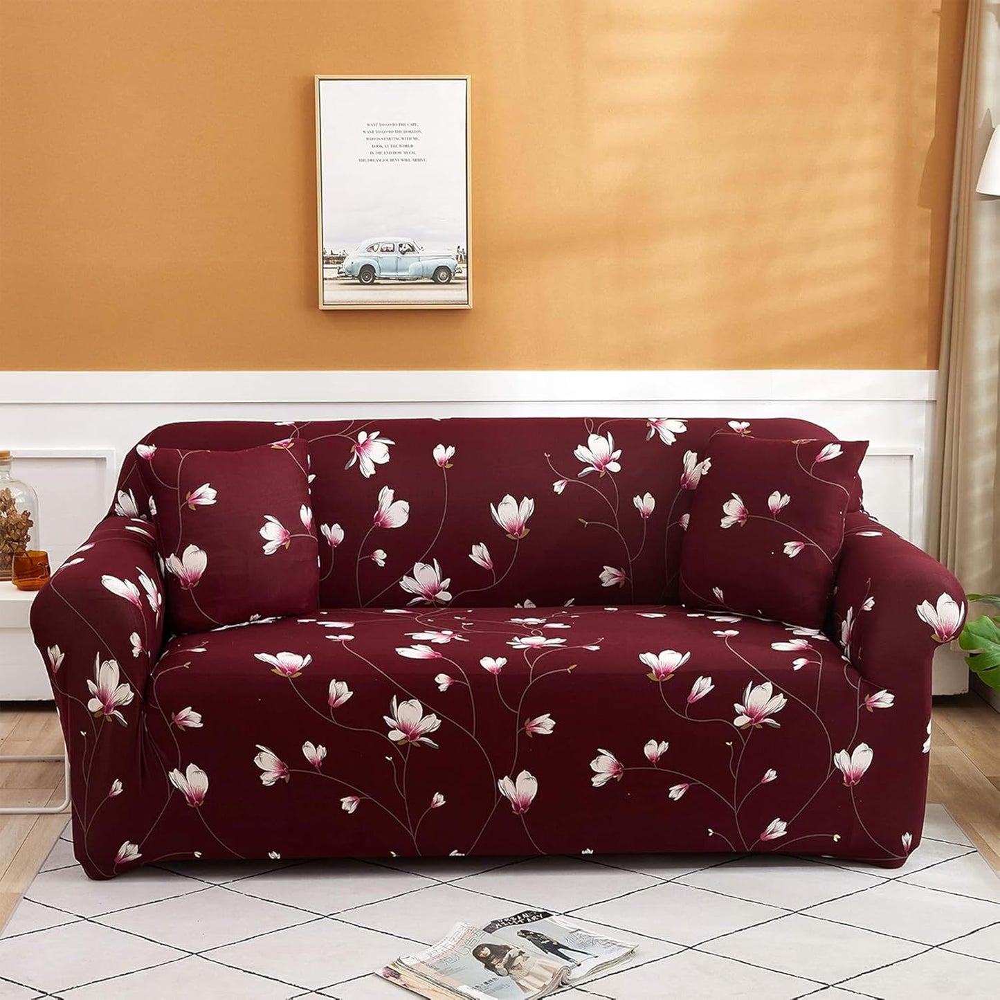 Quirky Hub Premium Wrinkle-Free Stretchable | Elastic Universal Stretchable Sofa Cover Red Flower