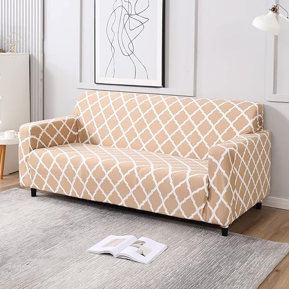 Quirky Hub Premium Wrinkle-Free Stretchable | Elastic Universal Stretchable Sofa Cover Biege Diamond