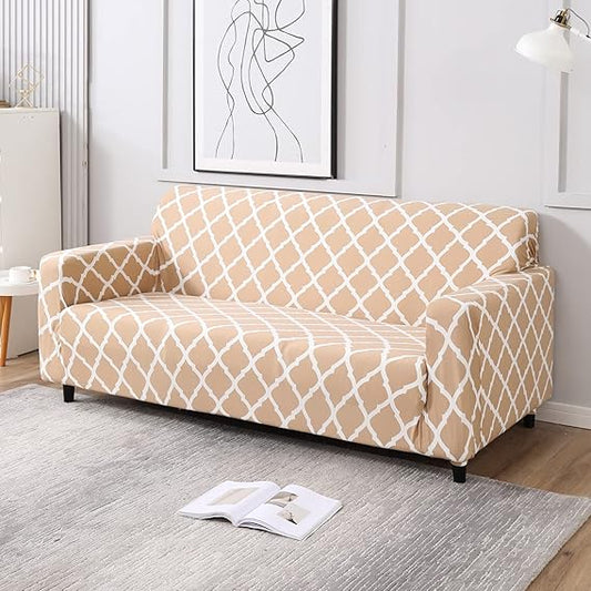 Quirky Hub Premium Wrinkle-Free Stretchable | Elastic Universal Stretchable Sofa Cover Biege Diamond