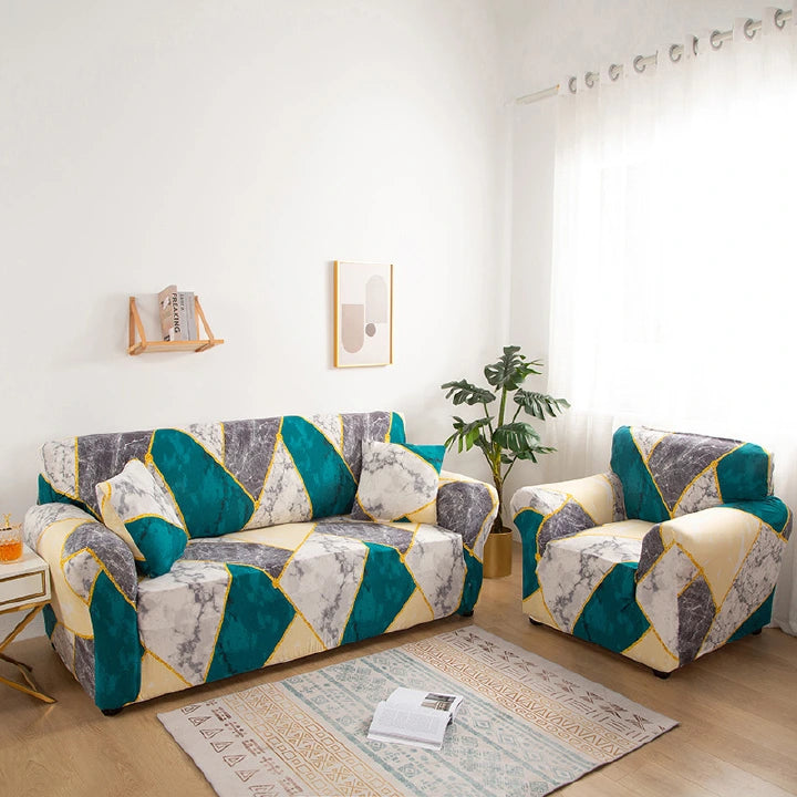 Quirky Hub Premium Wrinkle-Free Stretchable | Elastic Universal Stretchable Sofa Cover Blue Marble