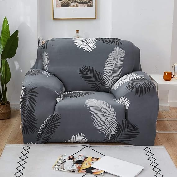 Quirky Hub Premium Wrinkle-Free Stretchable | Elastic Universal Stretchable Sofa Cover Grey Leaves