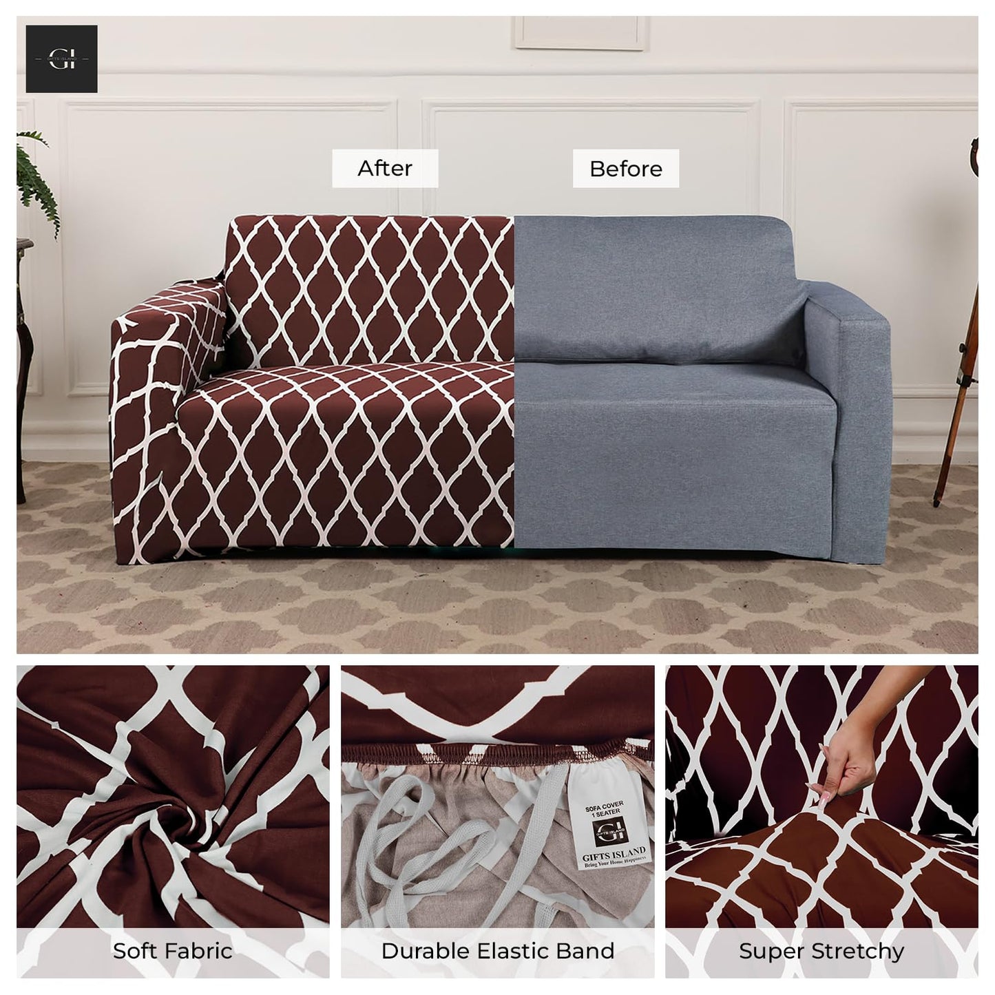 Quirky Hub L Shape Premium Extensible Sofa Set Cover Brown Diamond