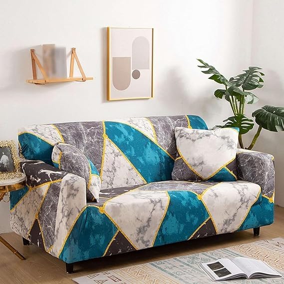 Quirky Hub Premium Wrinkle-Free Stretchable | Elastic Universal Stretchable Sofa Cover Blue Marble
