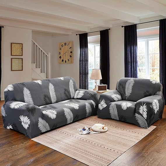 Quirky Hub Premium Wrinkle-Free Stretchable | Elastic Universal Stretchable Sofa Cover Grey Leaves
