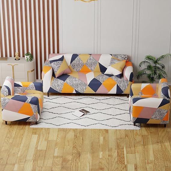 Quirky Hub Premium Wrinkle-Free Stretchable | Elastic Universal Stretchable Sofa Cover Orange Prism