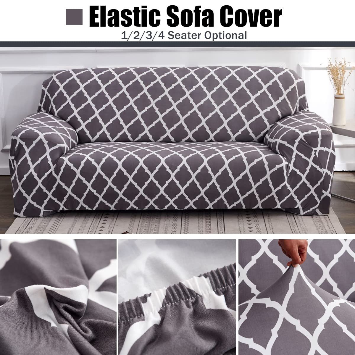 Quirky Hub Premium Wrinkle-Free Stretchable | Elastic Universal Stretchable Sofa Cover Grey Diamond
