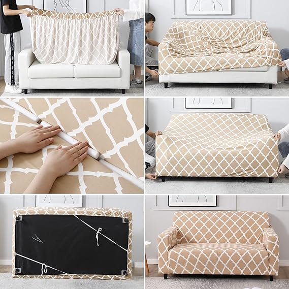 L Shape Quirkyhub Diamond Beige Strechable Sofa Cover