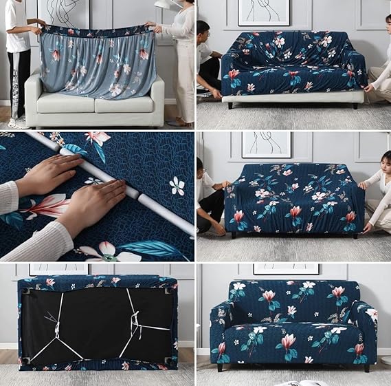 Quirky Hub Premium Wrinkle-Free Stretchable | Elastic Universal Stretchable Sofa Cover Blue Flower