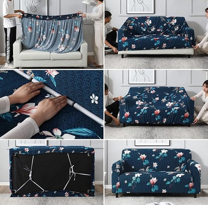 Quirky Hub Premium Wrinkle-Free Stretchable | Elastic Universal Stretchable Sofa Cover Blue Flower