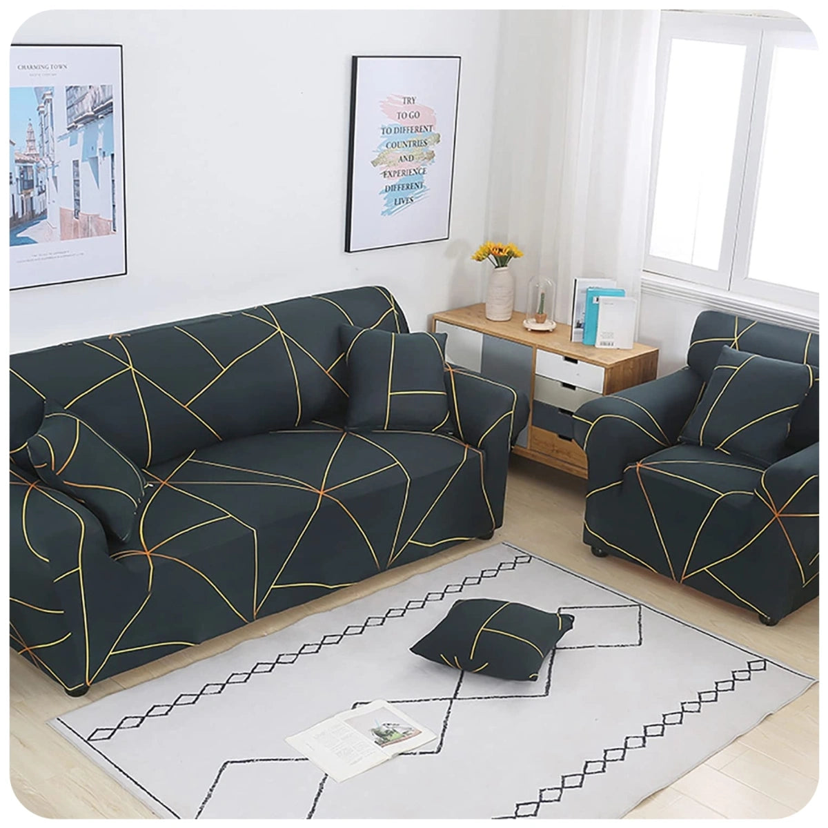 Quirky Hub Premium Wrinkle-Free Stretchable | Elastic Universal Stretchable Sofa Cover Gold Prism