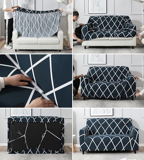 L Shape Cross Blue Strechable Sofa Cover