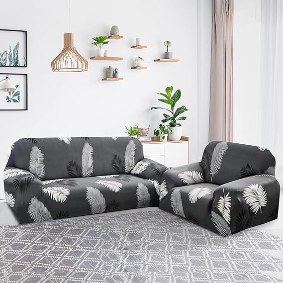 L Shape Grey Leaves Stretchable Sofa Cover