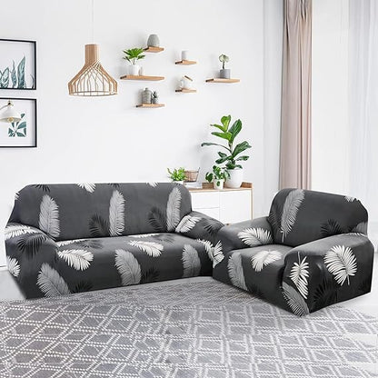 L Shape Grey Leaves Stretchable Sofa Cover