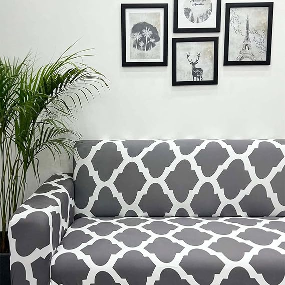 Quirky Hub Premium Wrinkle-Free Stretchable | Elastic Universal Stretchable Sofa Cover Grey Diamond