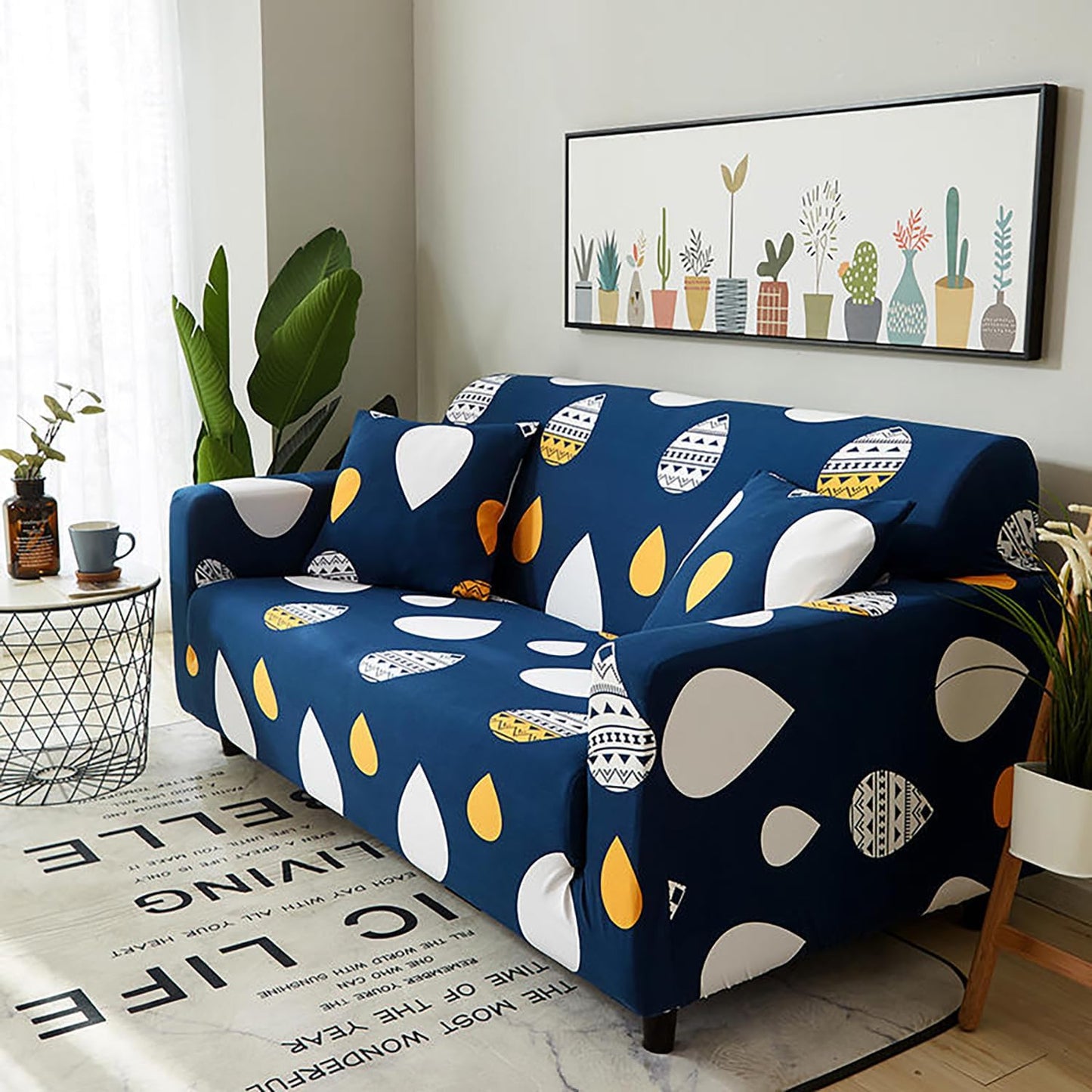 L Shape Quirkyhub Blue Drop Strechable Sofa Cover