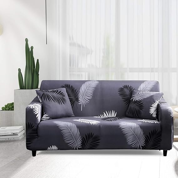 Quirky Hub Premium Wrinkle-Free Stretchable | Elastic Universal Stretchable Sofa Cover Grey Leaves