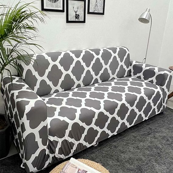 Quirky Hub Premium Wrinkle-Free Stretchable | Elastic Universal Stretchable Sofa Cover Grey Diamond