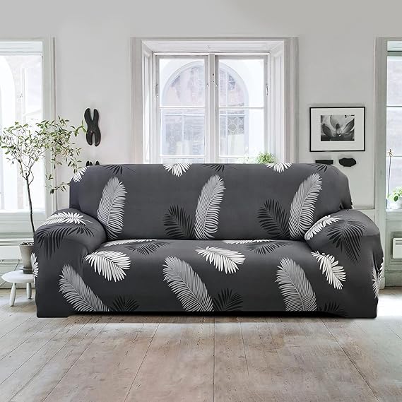 Quirky Hub Premium Wrinkle-Free Stretchable | Elastic Universal Stretchable Sofa Cover Grey Leaves