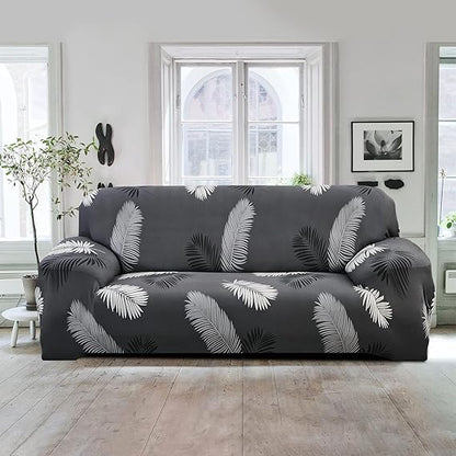 Quirky Hub Premium Wrinkle-Free Stretchable | Elastic Universal Stretchable Sofa Cover Grey Leaves
