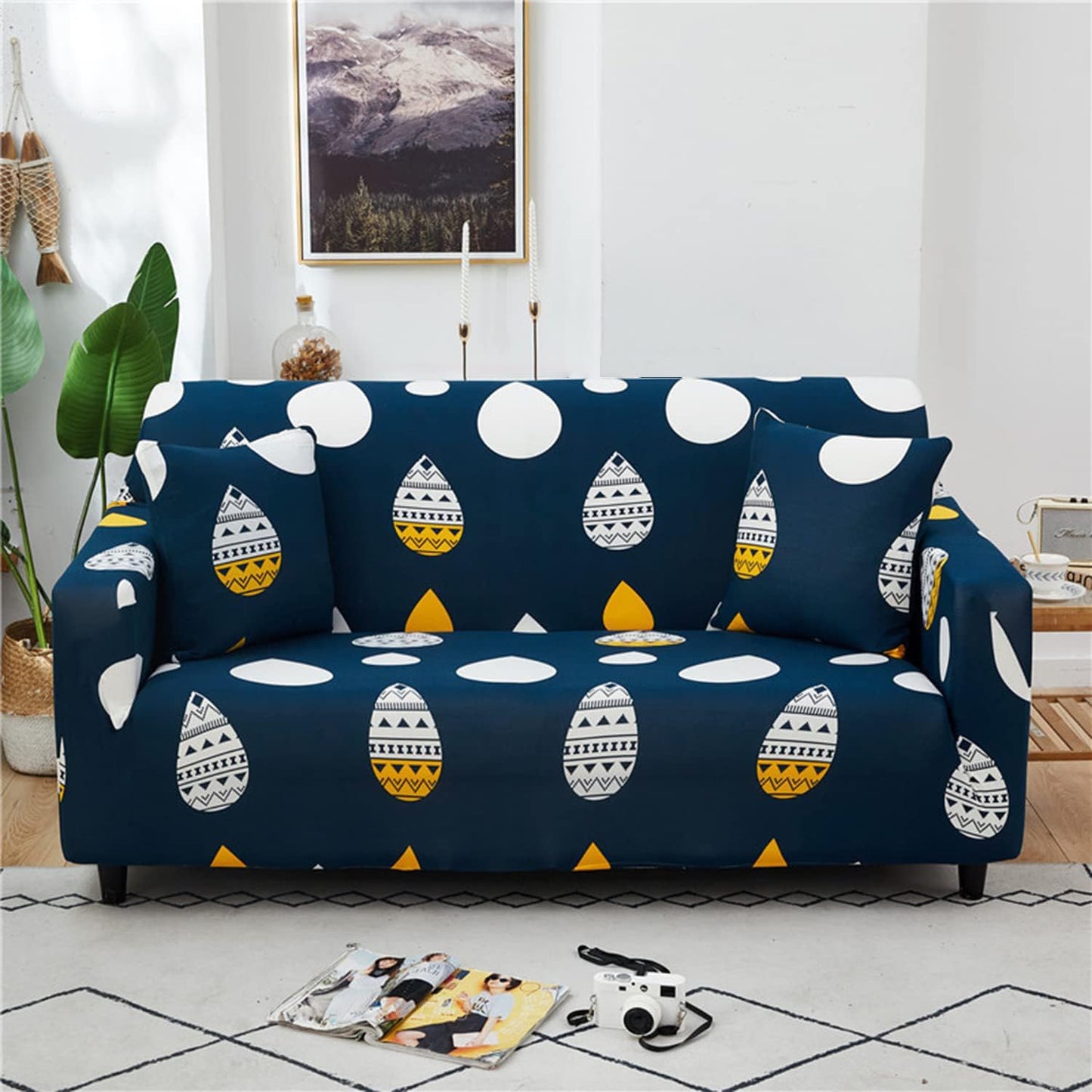 L Shape Quirkyhub Blue Drop Strechable Sofa Cover