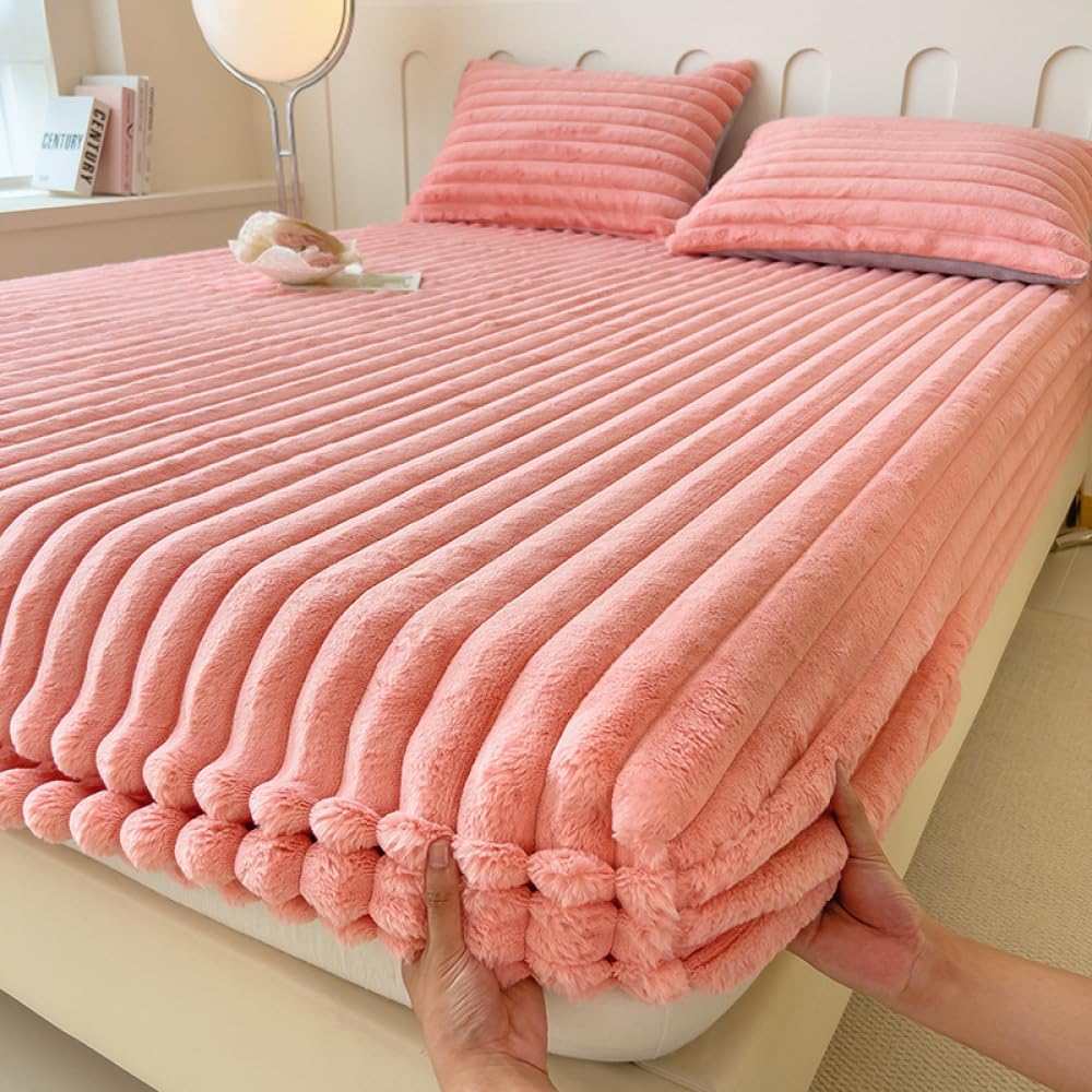 Quirky Hub Luxe Rabbit Fur Fitted Bedsheet – Pink | King Size 72x78