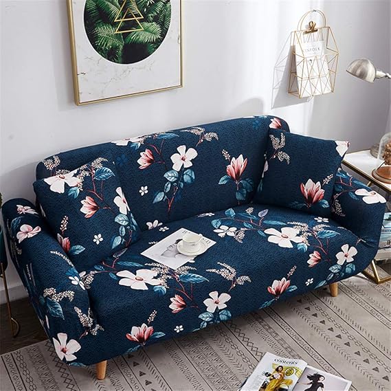 Quirky Hub L Shape Premium Extensible Sofa Set Cover Blue Flower