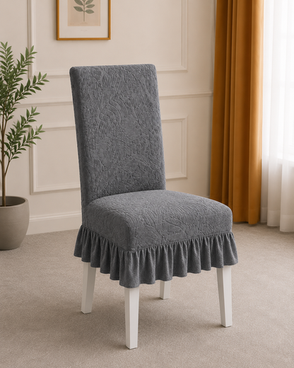 Grey Jacquard Frill Dining Chair Cover – Stretchable & Washable