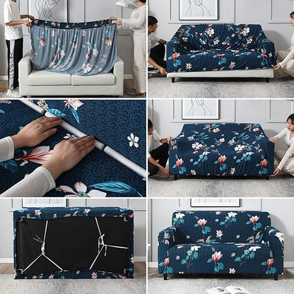 Quirky Hub L Shape Premium Extensible Sofa Set Cover Blue Flower