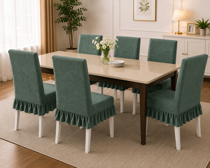 Dining chair before and after fitting a Quirky Hub frill chair cover