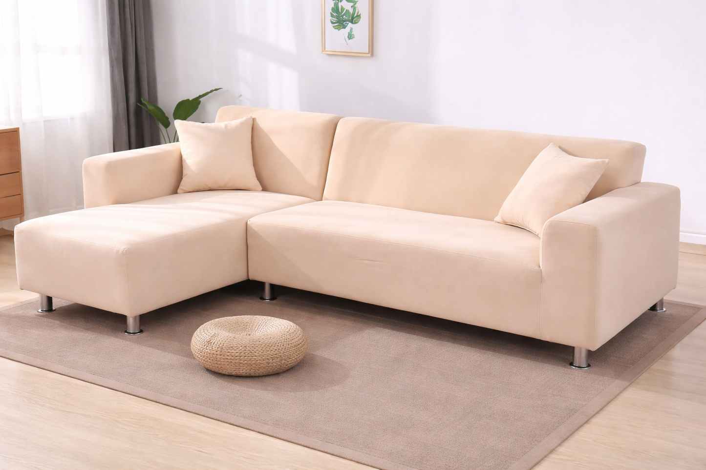 L Shape Quirkyhub Plain Beige Strechable Sofa Cover