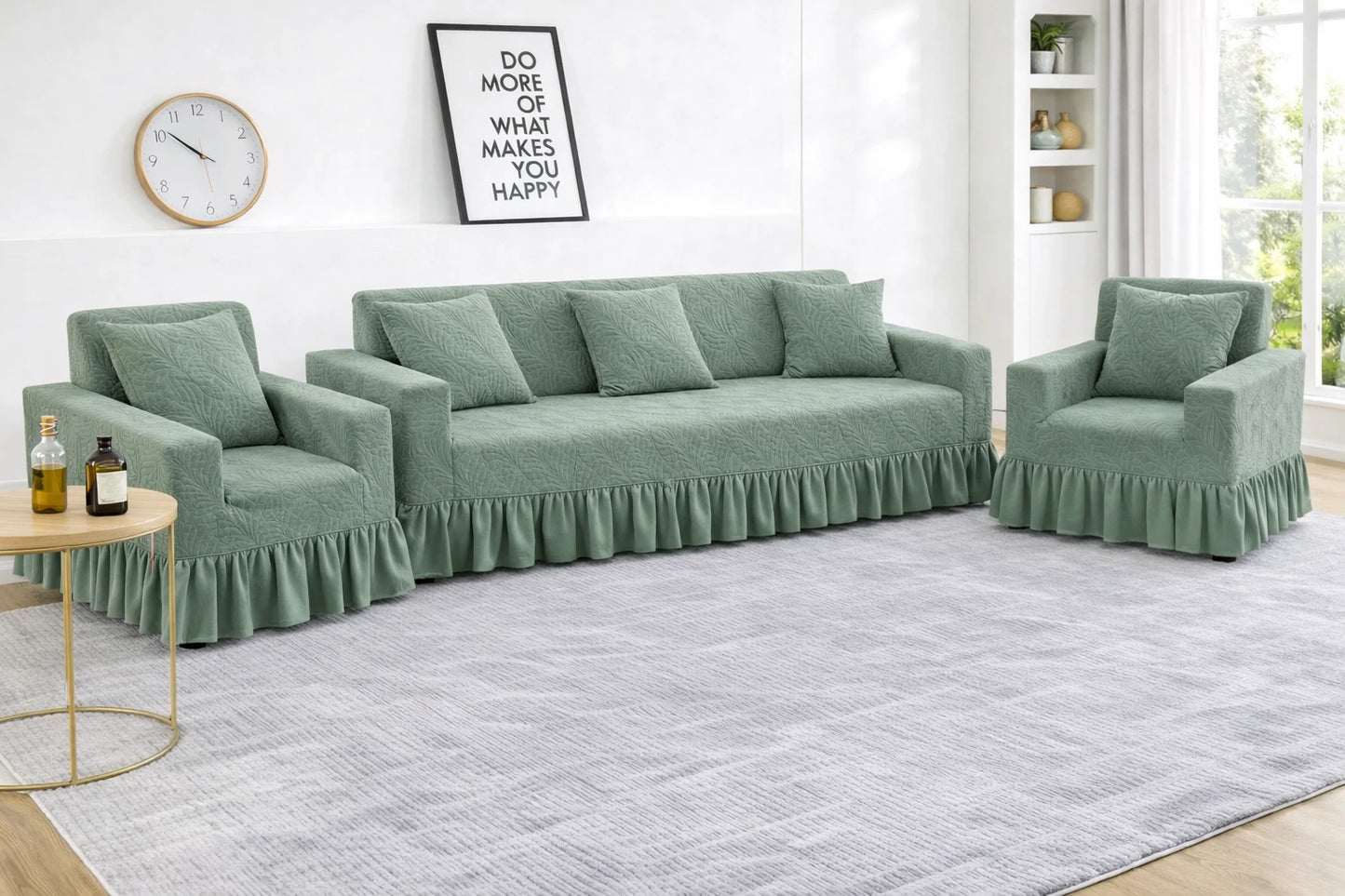 Premium Green Frill L Shape Sofa Cover – Stretchable, Washable & Elegant Sofa Protector