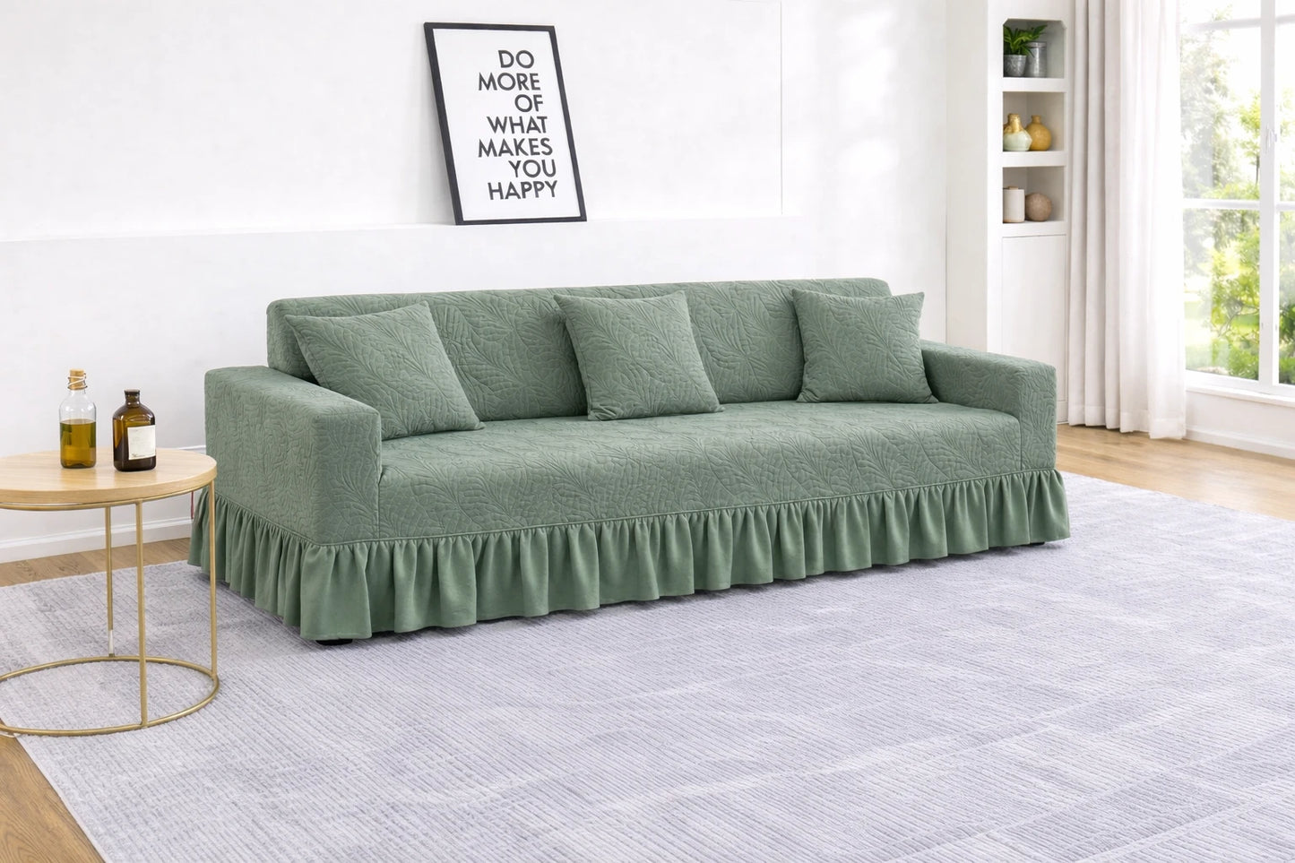 Premium Green Frill L Shape Sofa Cover – Stretchable, Washable & Elegant Sofa Protector