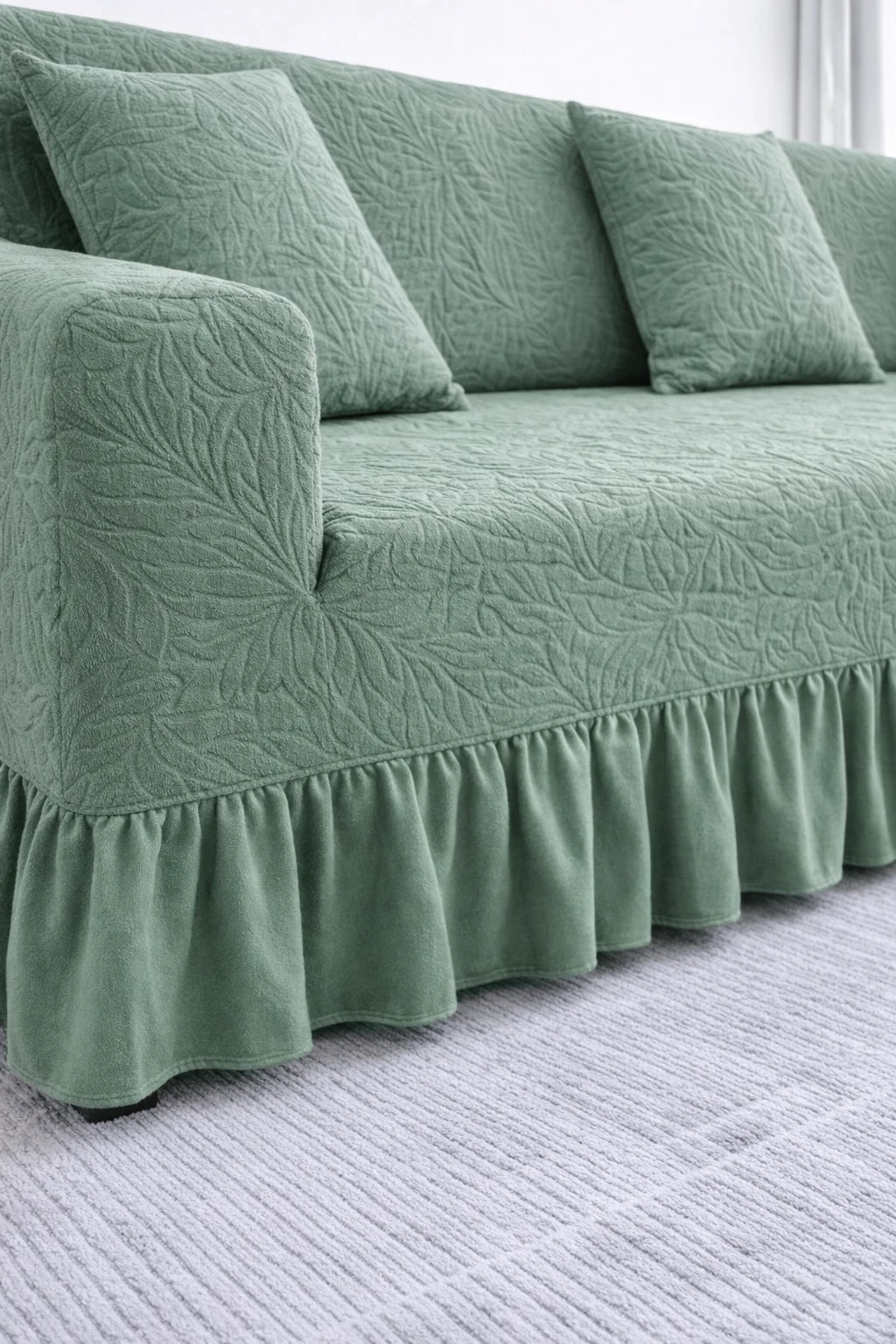 Premium Green Frill L Shape Sofa Cover – Stretchable, Washable & Elegant Sofa Protector