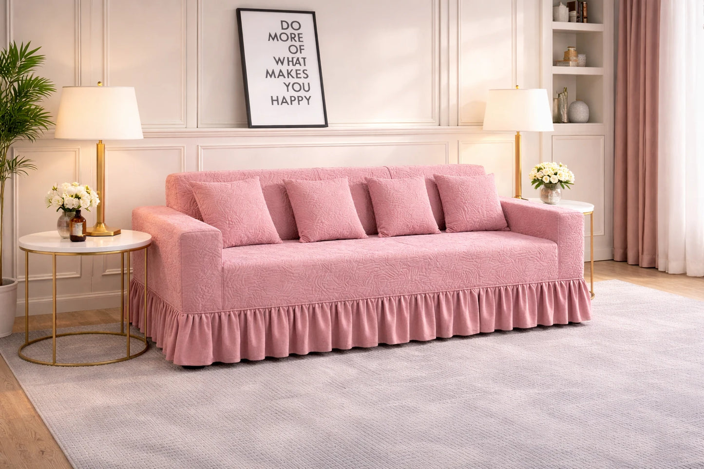 Premium Pink Frill L Shape Sofa Cover – Stretchable, Washable & Elegant Sofa Protector