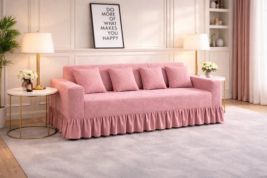 Premium Pink Frill L Shape Sofa Cover – Stretchable, Washable & Elegant Sofa Protector