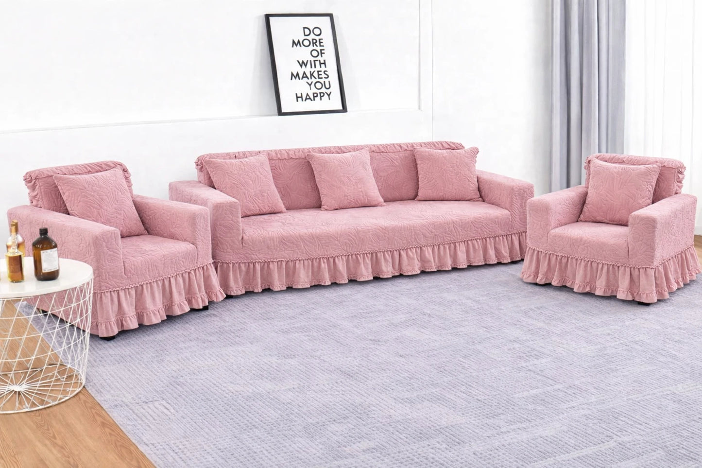 Premium Pink Frill L Shape Sofa Cover – Stretchable, Washable & Elegant Sofa Protector