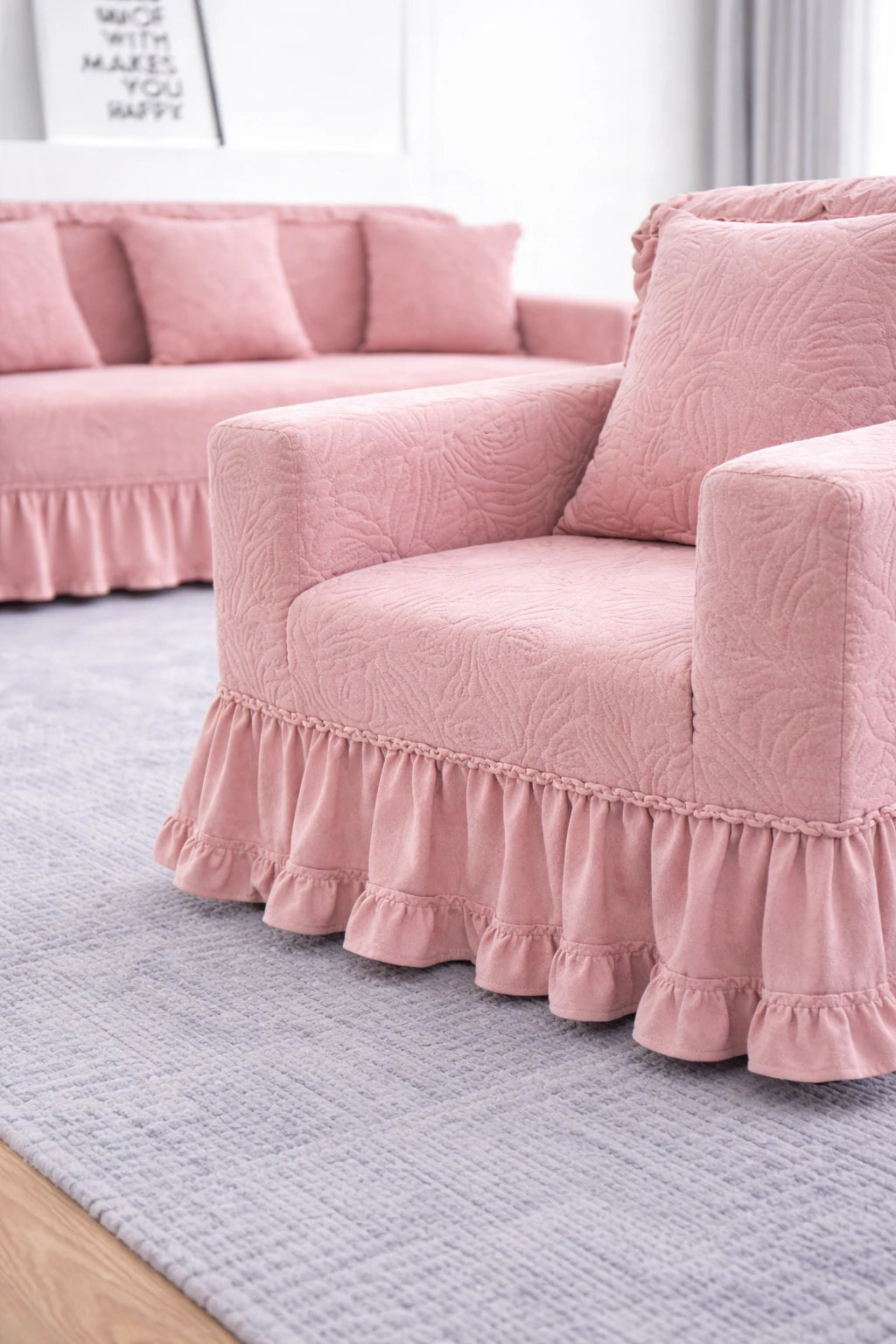 Premium Pink Frill L Shape Sofa Cover – Stretchable, Washable & Elegant Sofa Protector