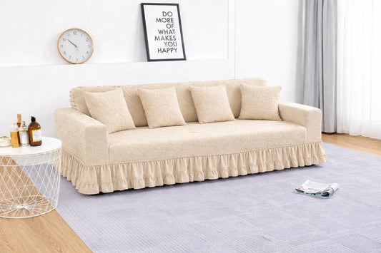 Premium Cream Frill L Shape Sofa Cover – Stretchable, Washable & Elegant Sofa Protector