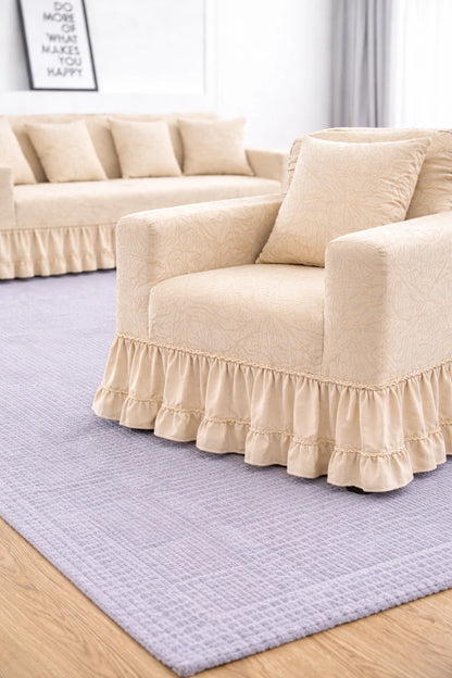 Premium Cream Frill L Shape Sofa Cover – Stretchable, Washable & Elegant Sofa Protector